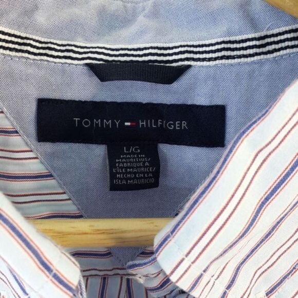 2/$15 Tommy Hilfiger Mens Button Down Shirt Blue Large White Stripe Long Sleeve - Picture 5 of 6